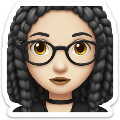 "An emoji of a girl with long black braids, pale skin, and a serious expression, wearing a dark gothic-style dress, with round black-rimmed glasses to add a studious, mysterious look sticker