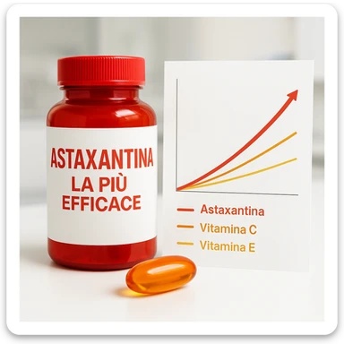 hyper realistic Astaxantina with line chart showing growth compared to vitamin C and vitamin E, red bottle, orange and golden capsule, text 'Astaxantina: la più efficace', clinical atmosphere, white background sticker