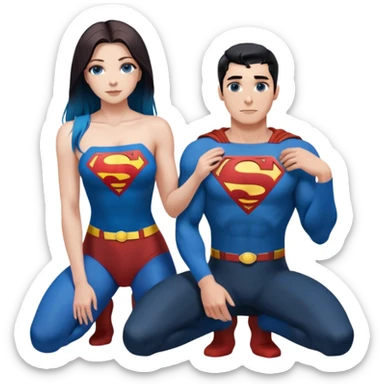 Art of woman's very gorgeous body scheme anatomy-bare shoulders and front-blue eyes-very long straight black to blue hair ombre-kneeling-front-leaning back-looking at male redish brownish haired man- in superman shirt  to her side sticker