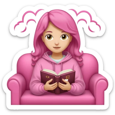 Una chica linda de cabello oscuro con ondas hasta los hombros de piel blanca con una sudadera rosa en un sofá cómodo y hermoso leyendo la biblia sticker