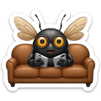 Black Cicada cartoon style with black shiny round eyes watching on a phone sit on a brown sofa  sticker