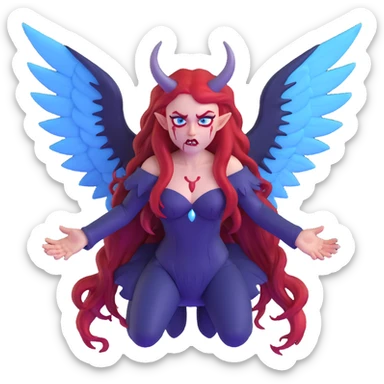 extremely diabolical demon girl with enormous high reaching wings, blood red hair, sinister glowing blue eyes, dark hellish aura, no horns, fangs sticker