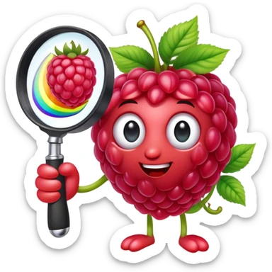 a raspberry holds a rainbow colored magnifier with its budding from handle of magnifier sticker
