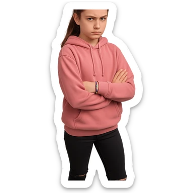 13-year-old girl with chestnut brown hair in a ponytail, hazel eyes, wearing pink hoodie, black ripped jeans, white high-top sneakers, beaded friendship bracelet, sharp suspicious look sticker
