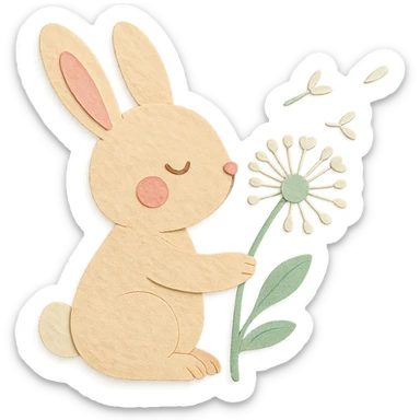 bunny holding a dandelion in the breeze, gentle spring vibe, soft pastel colors, transparent background, paper craft style sticker