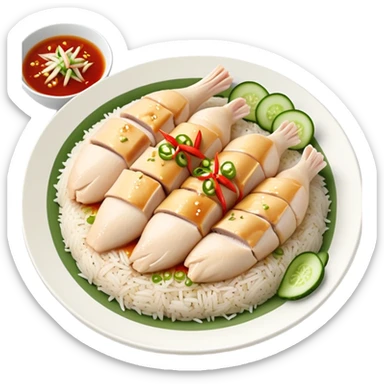 Singapore Hainanese chicken rice with sliced chicken, fragrant rice, cucumber and chili sauce sticker