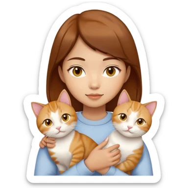 Asian girl, brown hair, brown eyes skin tone almond holding three cats one ginger, one yellow white one British short hair cream colour sticker