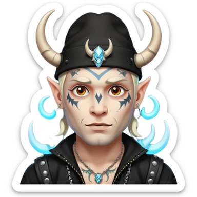 white skin Rock-style man — piercings, glowing tattoos on face, black hat with horns sticker