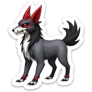 Shiny Exotic Excessive Mysterious Houndoom-HMightyena-Zorua-Zoroark-Zangoose-Houndour-Pokémon-Fakémon-hybrid-creature (full body) with a dog-skull-face sticker
