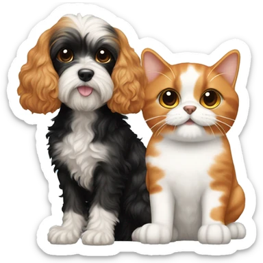 cavapoo dog next to a black, orange, and white colored calico cat sticker