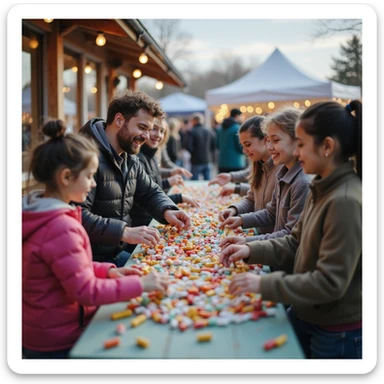 symbolic scene: pharmaceutical managers distributing candies and medicines to children and adults, fair or promotional event environment, aggressive marketing atmosphere, 4K quality sticker