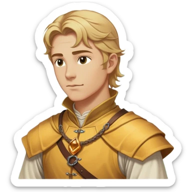 Medieval summer outfit worn by a DnD themed fantasy male character. Character has honey blonde hair swept back from the temples, reaching the nape of the neck with natural waves throughout. sticker