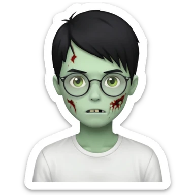 zombie boy with long side-swept black emo hair, round glasses, white shirt, pale green skin sticker