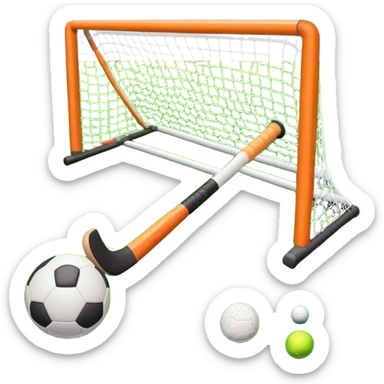 field hockey stick and ball on vibrant green grass field with goalposts sticker