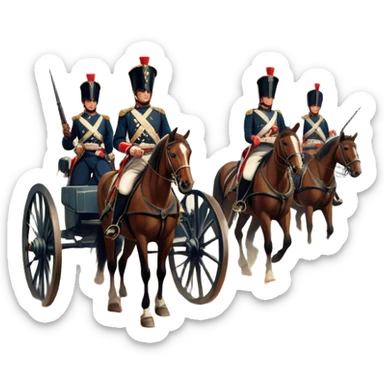 A vintage movie poster-style design depicting a dramatic Napoleonic War scene. Include soldiers in period uniforms, cannons, and a battlefield with flags and horses. The background should evoke a sense of battle and history, with old-fashioned cinematic flair. Transparent background. sticker