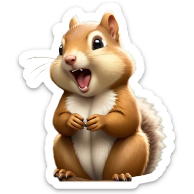 Cinematic Silly Yawning Squirrel Portrait Emoji, Head tilted with a dramatic, wide-open yawn revealing a tiny, adorable snout, soft, downy fur and a fluffy tail slightly askew, Simplified yet irresistibly cute features, highly detailed, glowing with a soft, cozy woodland glow, high shine, relaxed yet humorously expressive, stylized with a dash of whimsical woodland charm, soft glowing outline, capturing the essence of a drowsy yet endearing squirrel that appears ready to stretch and yawn its way into your heart! sticker