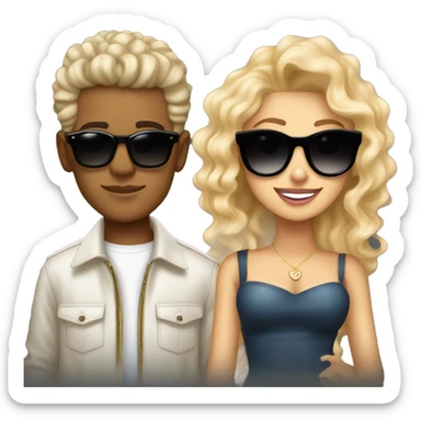 Blonde idol (Rosé) with wavy hair, confident expression, wearing stylish sunglasses. Alongside, male artist (Bruno Mars) with curly hair, sharp features, and sunglasses. sticker