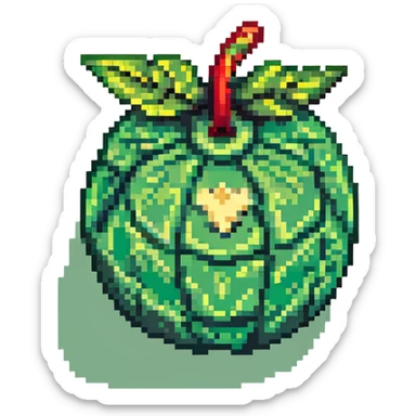 Green digital bomb with leaf-shaped fuse or vine on top, round bomb body with green highlights and details, nature-inspired design, pixel art style sticker