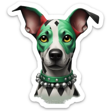 Edgy Punk dog spiked collar tattoos Green gray black red punk dog Harley Quinn as a dog mime clown harlequin facepaint tattoos punk lurcher surrealism  sticker