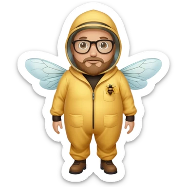 full body plus size bee keeper with light brown hair a goatee wearing glasses with a bee face sticker