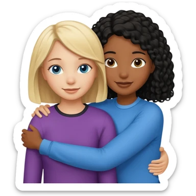 Girl best friends: one white girl with straight blond bob and blue eyes, one shorter black girl with long black curly hair, hugging sticker