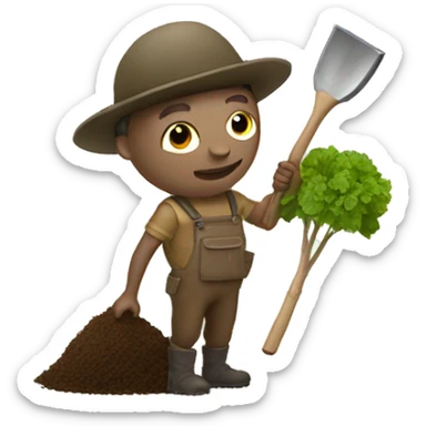 truffle hunter with small gardening shovel and truffle sticker