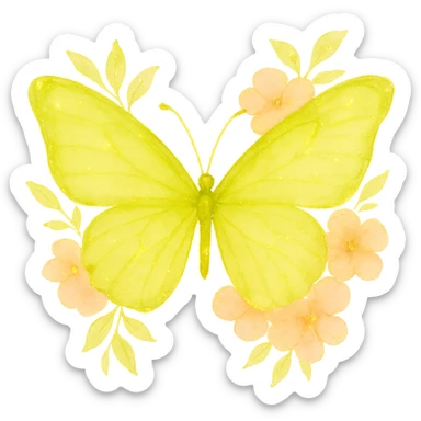 Create a one-to-one butterfly and flowers as in the example image. The butterfly should be green with color #c0ff53, and the flowers should be bright pink. Add more luxury with glossiness, glowing effects, and subtle gold details. Use a watercolor art style. Remove the background. sticker