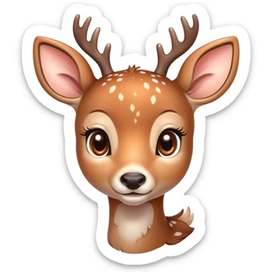 Cinematic Cute Deer Portrait Emoji, Head tilted playfully and inquisitively, showcasing a delicate coat speckled with subtle white spots and gentle earth tones, round, sparkling eyes filled with curious wonder, Simplified yet irresistibly adorable features, highly detailed, glowing with a warm, friendly glow, high shine, affectionate and graceful, stylized with a touch of woodland whimsy, bright and endearing, soft glowing outline, capturing the essence of a mischievous yet loving fawn, so playful it feels like it could skip out of the screen into your arms! sticker