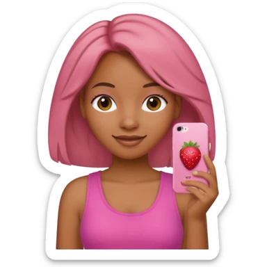 black girl with olive skin, hair that is a natural mix of strawberry blonde and brunette, pink top, subtle smile, Apple iPhone emoji style sticker