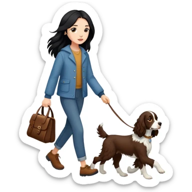 A girl with long black hair walks a brown springer spaniel sticker