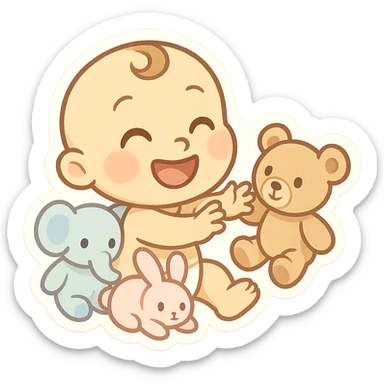 pastel emoji of a happy baby surrounded by plush toys in soft gentle colors, baby reaching for a teddy bear, warm and innocent style, emoji size sticker