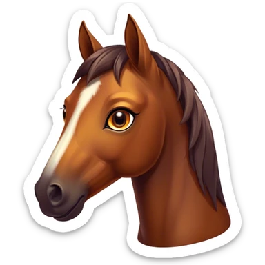 Cinematic Cute Bay Horse Portrait Emoji, Head tilted playfully and inquisitively, showcasing a glossy bay fur with a vibrant sheen and expressive amber eyes filled with curiosity, Simplified yet irresistibly adorable features, highly detailed, glowing with a warm, friendly glow, high shine, affectionate and spirited, stylized with a touch of whimsy, bright and endearing, soft glowing outline, capturing the essence of a mischievous yet loving horse, so playful it feels like it could prance out of the screen and into your arms! sticker