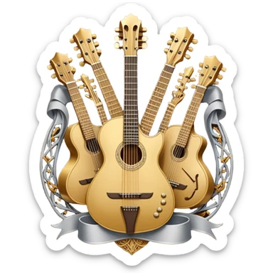 Create a complex, ceremonial, and professional emoji resembling a coat of arms, symbolizing plucked string instruments. The design should feature a combination of elements such as the necks and fretboards of various plucked string instruments like guitars, harps, and mandolins. The strings should be clearly visible, and the frets should be detailed. Intertwining with the instruments, there should be a flowing ribbon of musical notes, curving elegantly around the instruments and connecting them. The colors should include golden metallic tones, warm wood finishes, and silver accents to emphasize the professional and festive nature of the design. The background should be regal, using subtle textures or patterns to give a sense of grandeur, while keeping the instruments and notes as the focal point. The design should evoke a sense of celebration and sophistication, reflecting the rich tradition of plucked string instruments. sticker