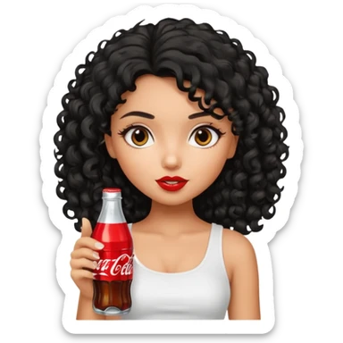 a pretty tan bratz girl with black curly hair drinking coca cola. no makeup. white top sticker