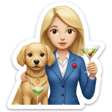 Birthday blonde girl holding a martini stamfing near a golden retriever  sticker