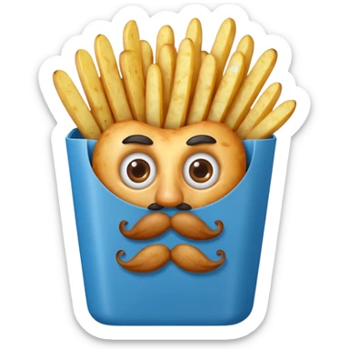 fried potatoes with eyes and mustache, in a blue carton  sticker