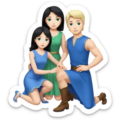 prince, upright, black Hair, blue eyes, blue garment,  Woman, blonde Hair, Green eyes, bending knee, sleveless White Dress, sticker