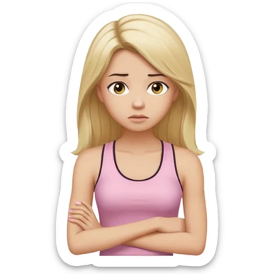 Create a young woman with long blonde hair, golden eyes, and medium-light skin tone, wearing a light pink tank top and leggings. She should be in portrait mode, but with a subtle doubting facial expression—slightly raised eyebrow, small frown, .  and her hand next to her chin like a thinker sticker