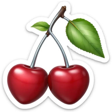 A pair of cherries emoji made of polished silver chrome, smooth rounded shapes, glossy metallic finish, soft highlights and reflections, cute proportions, iOS emoji style, centered, clean white background, no text sticker