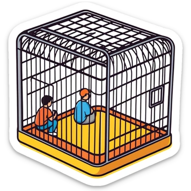 a person inside a cage with several spectators watching, cartoonish sticker style sticker