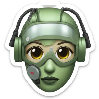 Olive green hair female cyborg head with respirator mask and circuits sticker