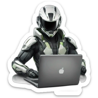 Side view developer behind his laptop with this style : Crytek Crysis Video game with nanosuit hacker themed character sticker