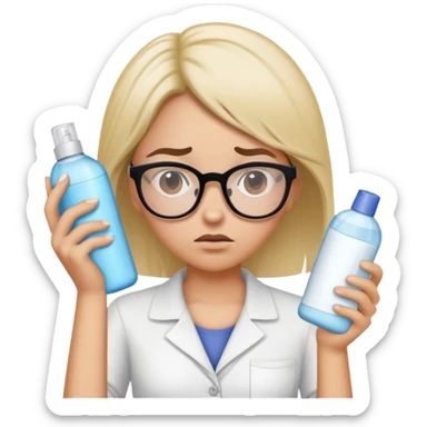 Girl with glasses looking disgusted, holding shampoo bottle away from her, not wanting to wash her hair sticker