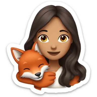 a woman with long wavy dark brown hair hugging a fox sticker