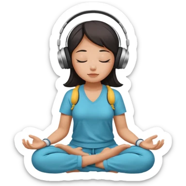 An East Asian woman🧘🏻‍♀️ is sitting cross-legged in a meditation pose, wearing Apple headphones🎧 and listening to music. The song is so beautiful that she has her eyes closed and tears streaming down her face. sticker