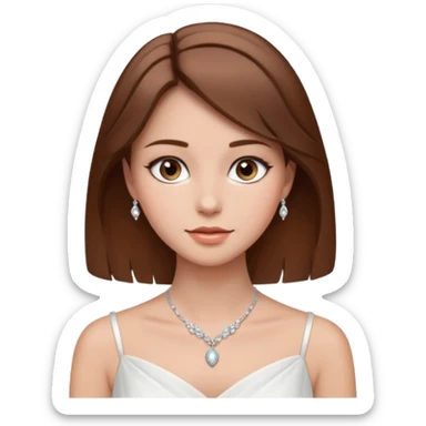 a middle brown hair girl with elegant white dress, wearing necklace, wearing makeup sticker