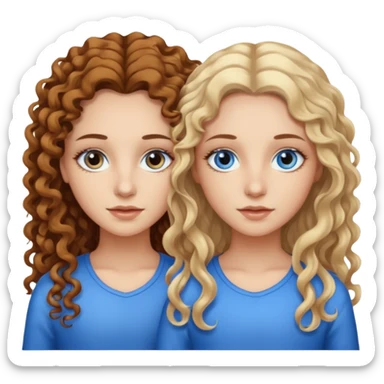 Twin sisters, one has brown eyes, long curly brown hair, the other one has straight blond hair and blue eyes sticker