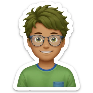 A teenage boy, tanned with glasses, wearing a green t-shirt , blue jeans and green sneakers with brown wavy tousled hair, smirking, wearing a green face mask sticker