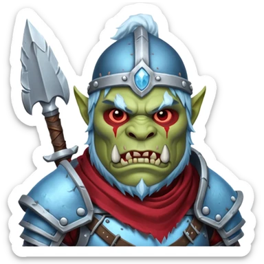
Fantasy Christmas orc legion soldier icon, iron tundra army theme, heavy winter armor, disciplined brutal look, icy blue steel armor with deep crimson accents, frozen metal texture, cold winter atmosphere, male variant sticker