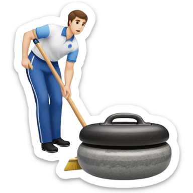 An icon showing a detailed close-up of a curling stone sliding across the ice, with a broom in motion beside it. The background features an indoor stadium with cheering spectators on the stands. Transparent background captures the strategy and focus of curling. sticker